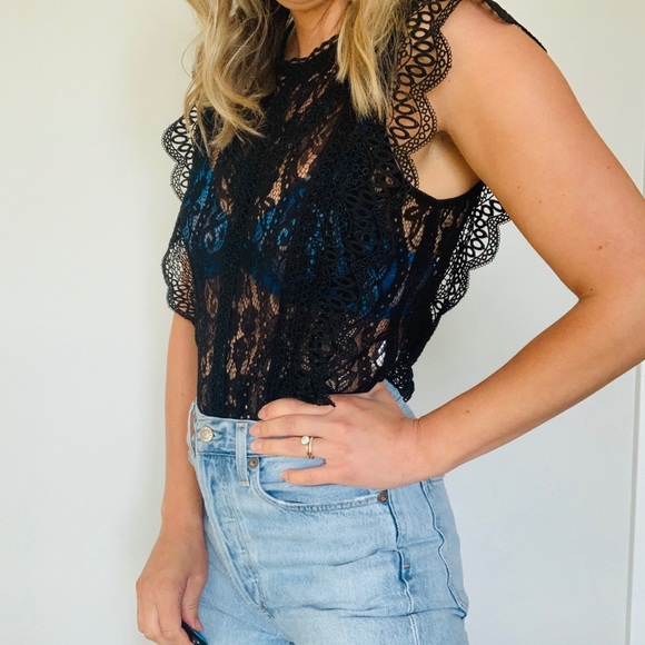 Zara black contrast lace ruffle semi sheer blouse - Picture 8 of 12